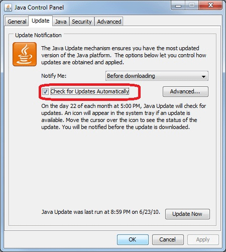 Windows 7 Java Control, Update Tab Settings